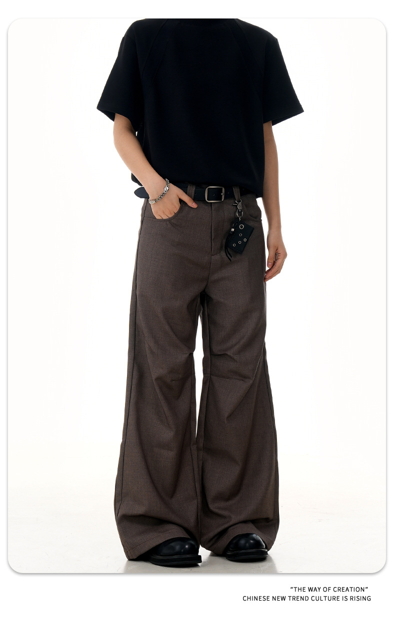 Flared Brown Trousers with Pleated Retro Design Loose Fit Casual Slim Long Pants