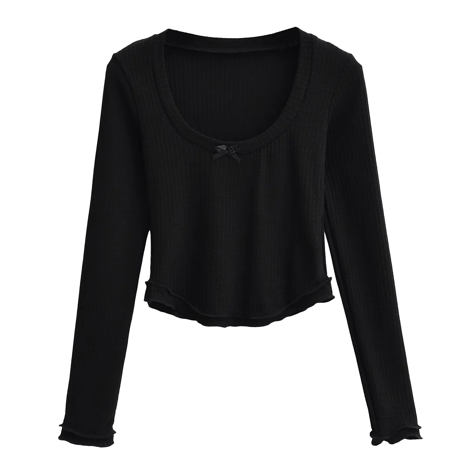Cotton Crew Collar Full Sleeve Fitted Ribbon T-Shirt