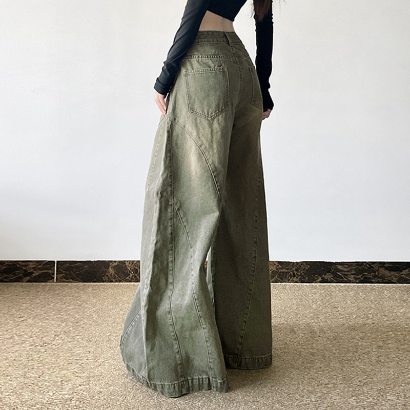 Washed curved knife women's autumn and winter loose fitting patchwork wide leg jeans