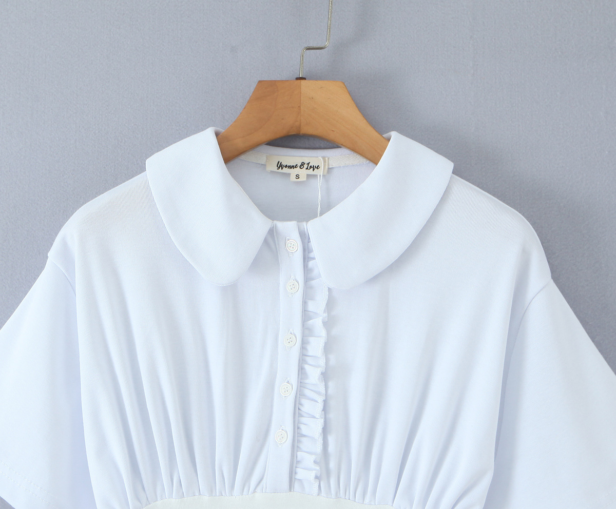 Ruffle Short Sleeve Upturned Neckline Cotton Fitted Dress