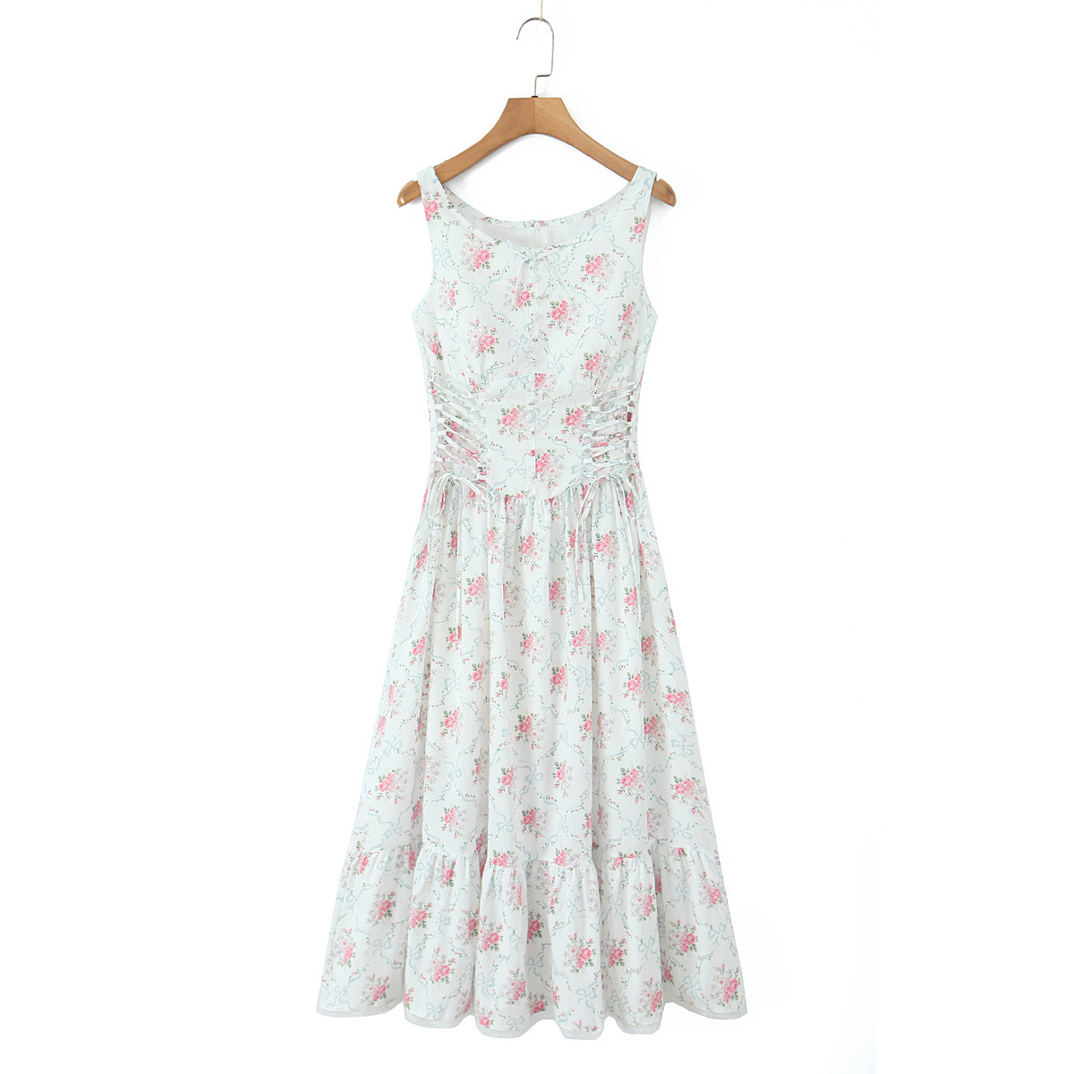 Sleeveless Botanical Print Midi Dress With Ribbon Tie