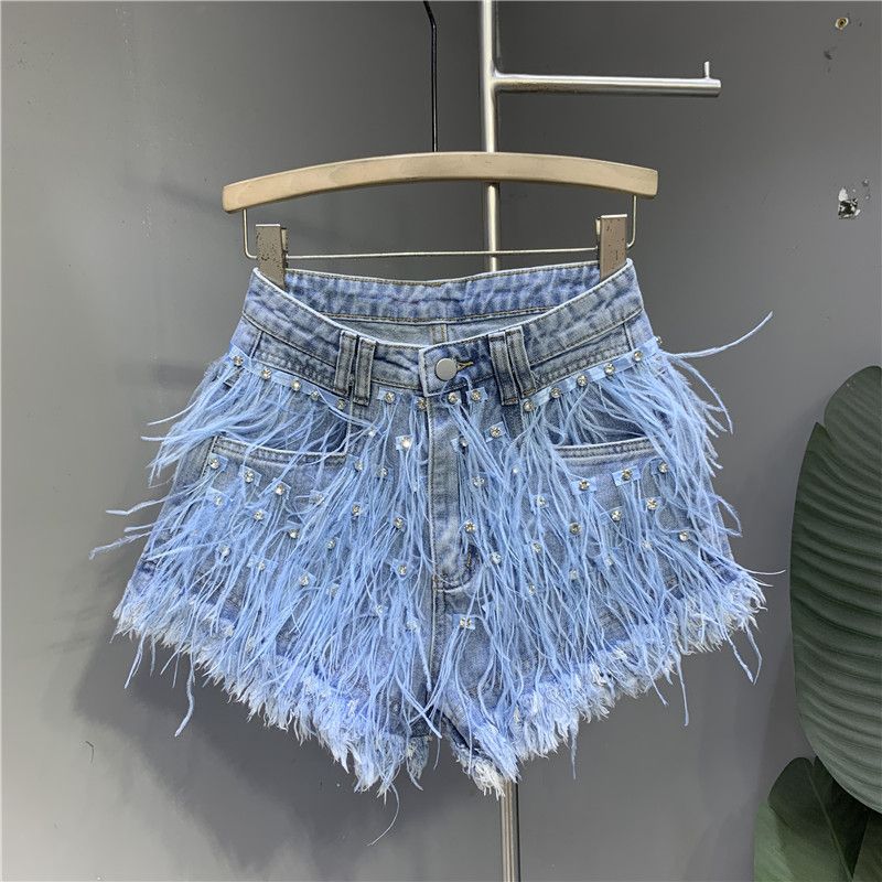Tassel studded diamond washed denim shorts