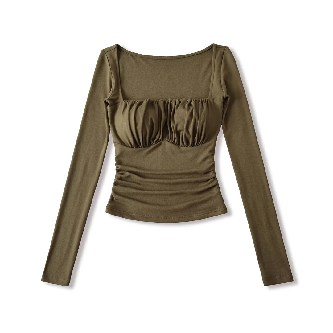 Spicy Wrist-Length Collarbone Cutout Structured Frill Fitted Tee