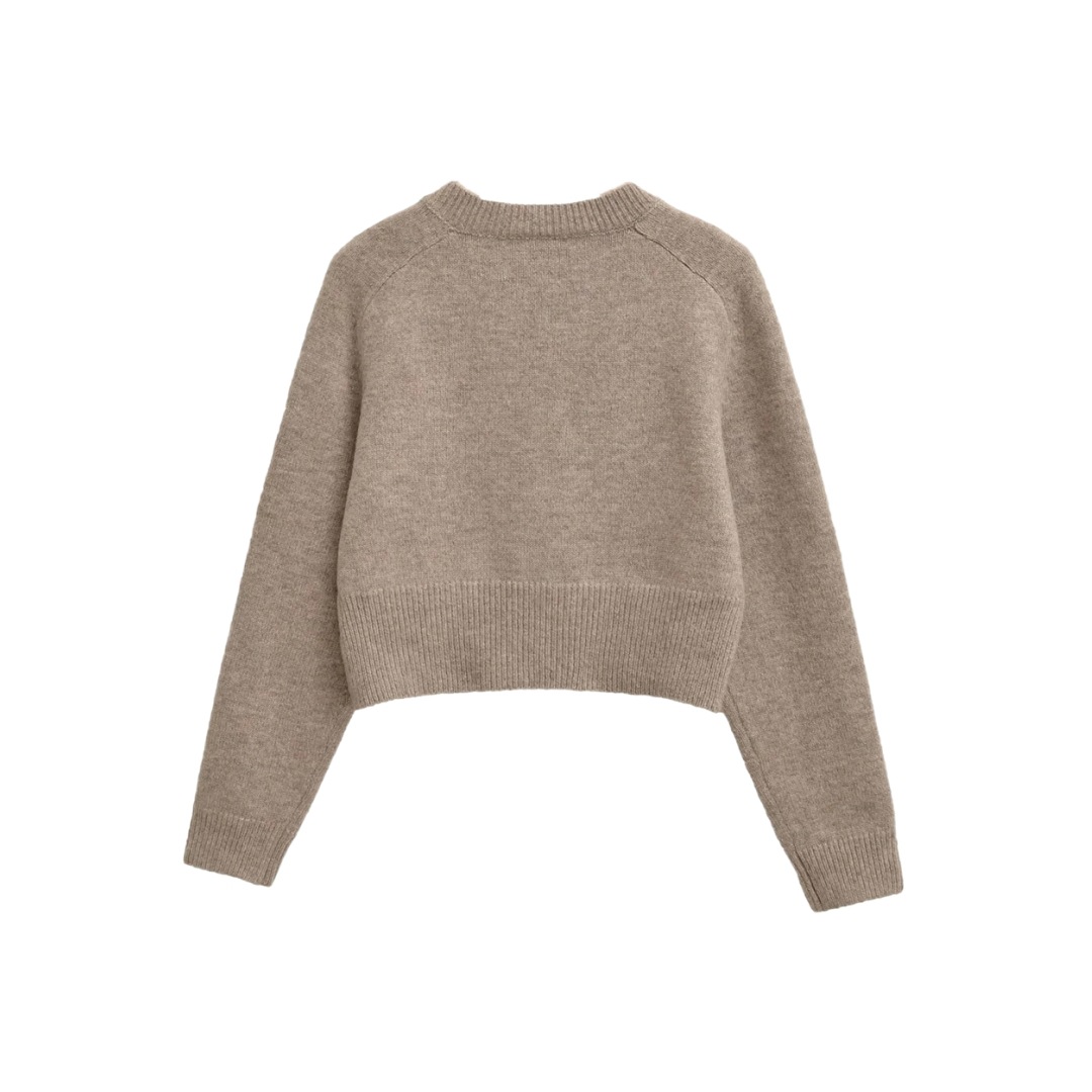 Plain Urban Crew One-Clasp Full-Arm Crop Cardigan