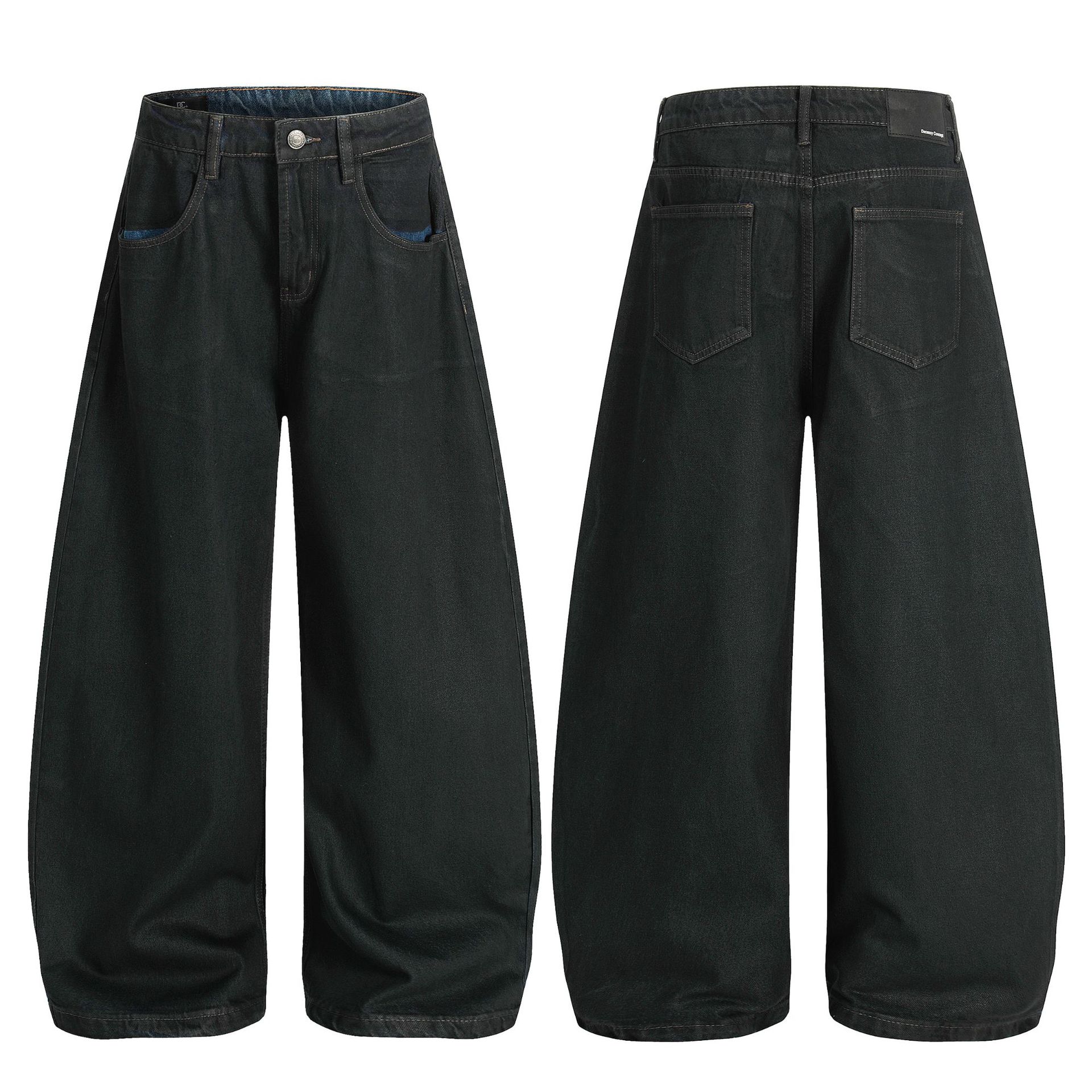 Street Retro High-End Waxed Black Craft Design Unisex Loose Dagger Cut Jeans