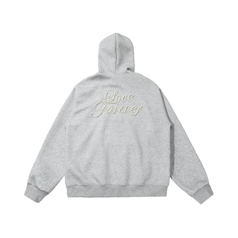 Street Style Letter Beaded Hoodie, Unisex Loose Casual Hooded Sweatshirt