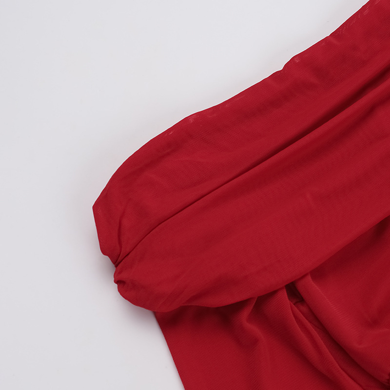 Asymmetrical Long Sleeve Sheer Ruched Side Vent Skirt