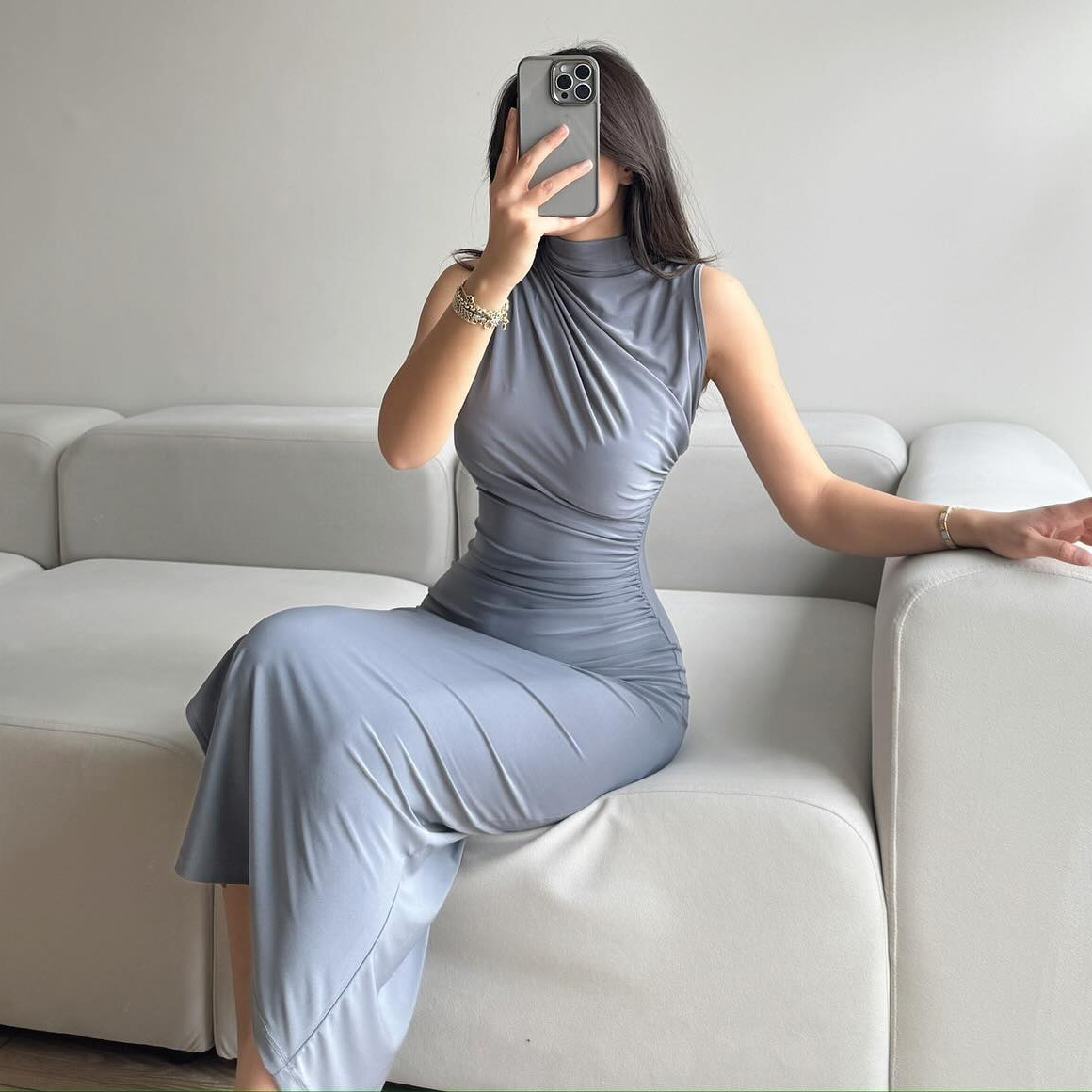 Mock Neck Side Split Bodycon Maxi Dress