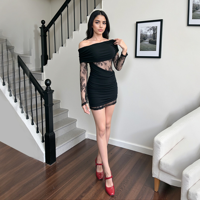 Asymmetric Openwork Paneled Full-Length Sleeve Dress