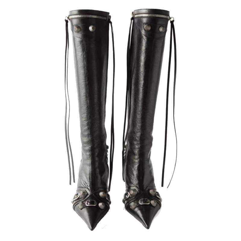 Women's Autumn and Winter Pointed Toe Metal Buckle Zipper Knee Boots Stiletto Rivet High Heels Luxury Shoes