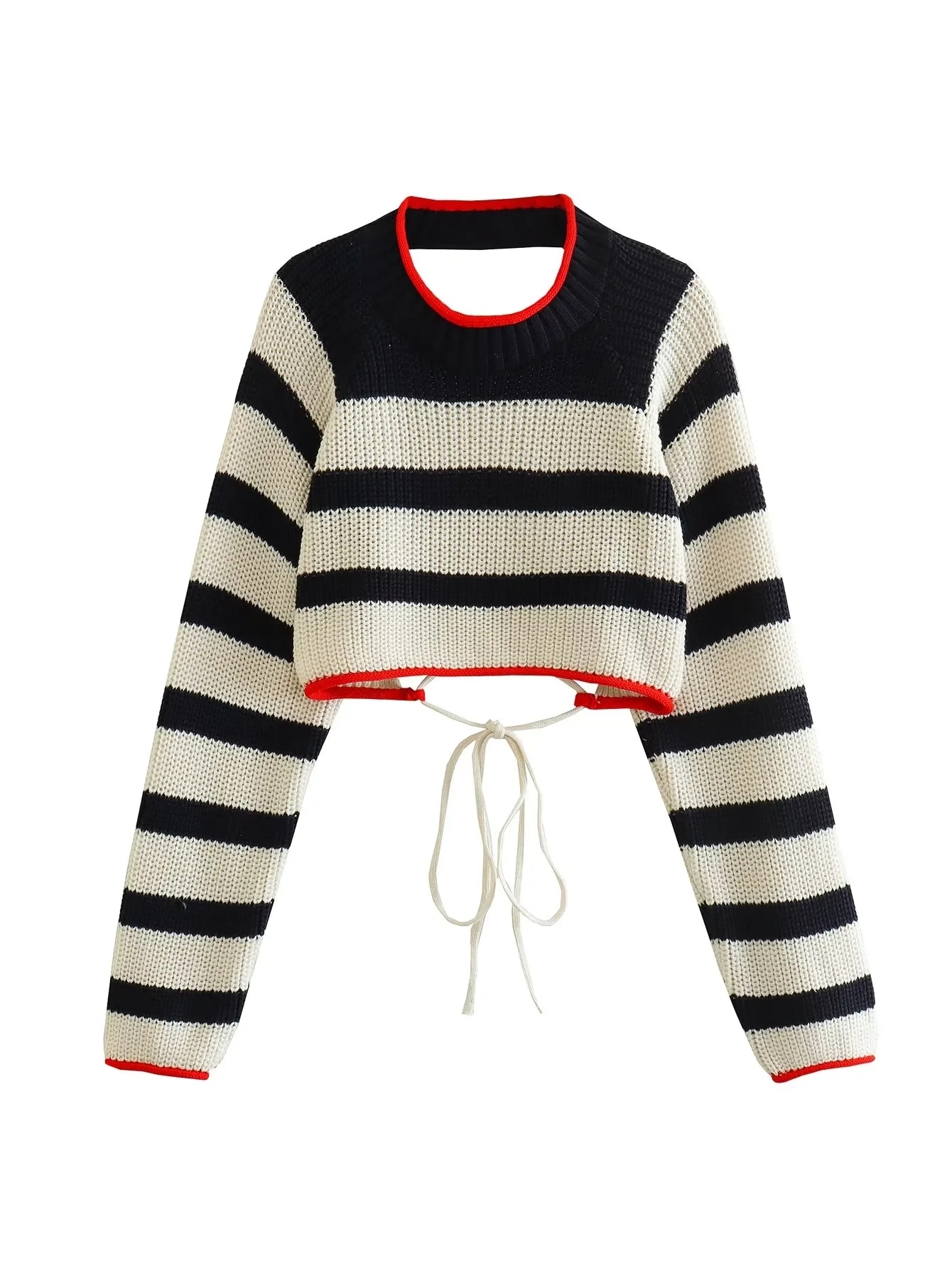 Women's Striped Knit Crewneck Open Back Wrist-Length Sweater