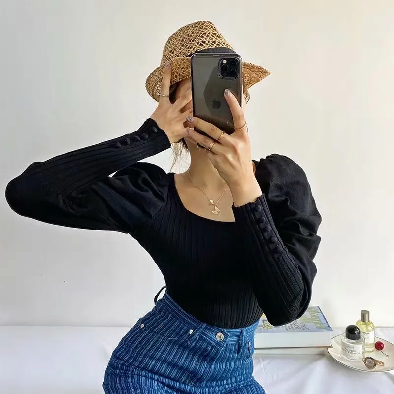 Ladies Knit Plain Geometric Neckline Puffy Sleeves Jumpsuit