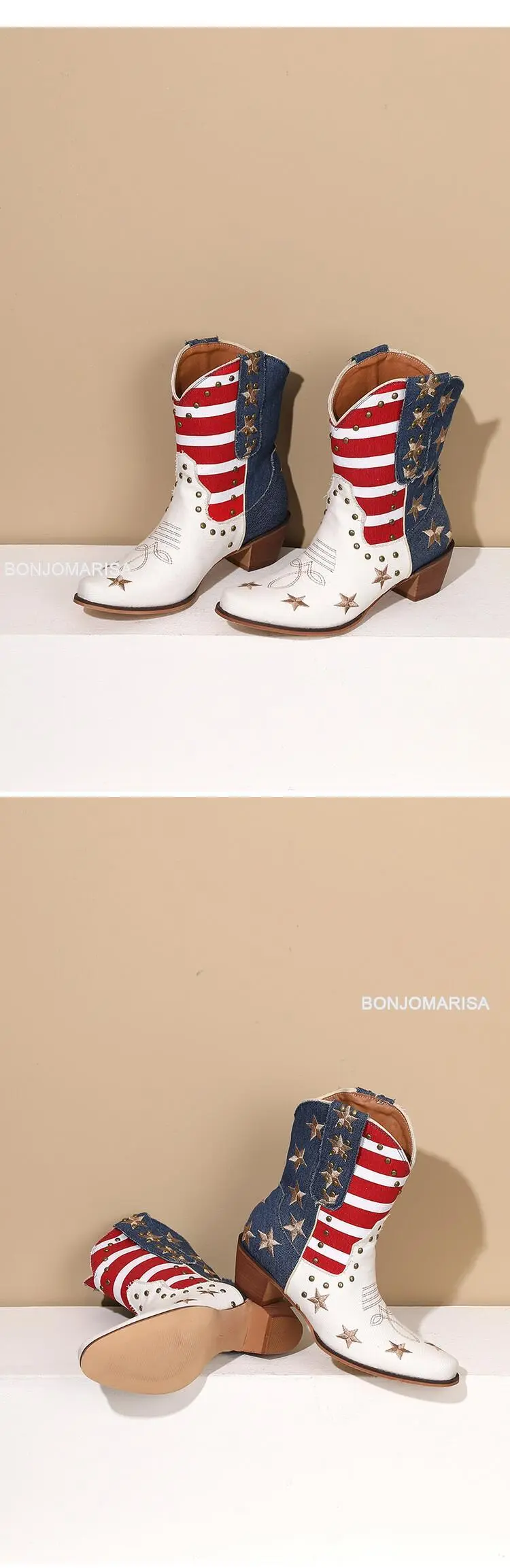 Cowboy Boots For Women Ankle Western Boots Cowgirls Rivet Star Design Fashion Block High Heeled Shoes Pointed Toe