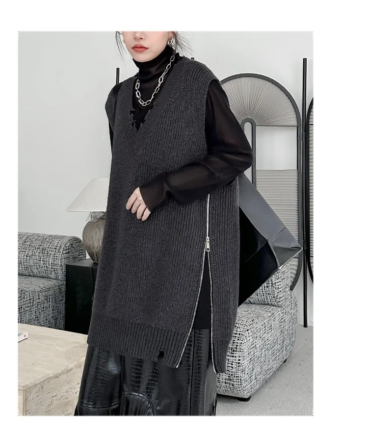 Women Sweater V-neck Asymmetry Sleeveless Knitting Vests Fashion Loose Long Dark Gray Autumn And Winter Sweater Vests
