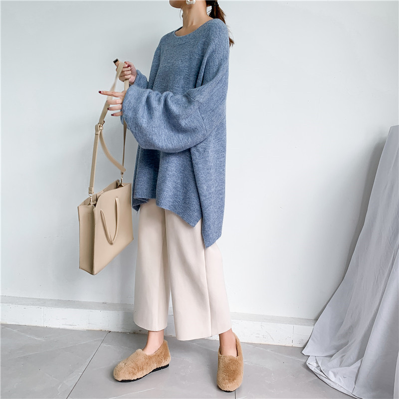 Navy Oversized Crew Collar Balloon Cuff Knit Jumper