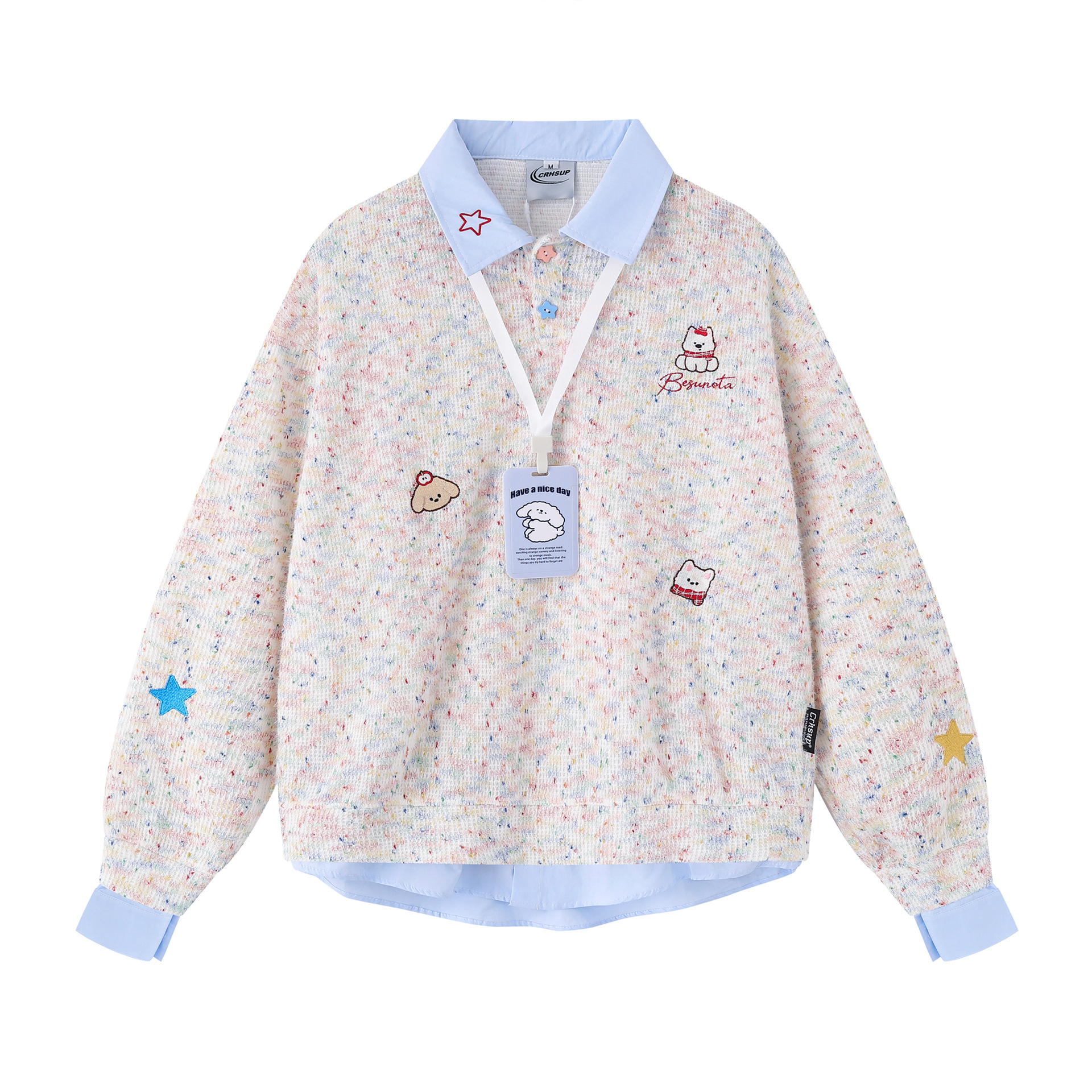 Retro Layered Oversized Puppy Motif Fold-Over Sweatshirt