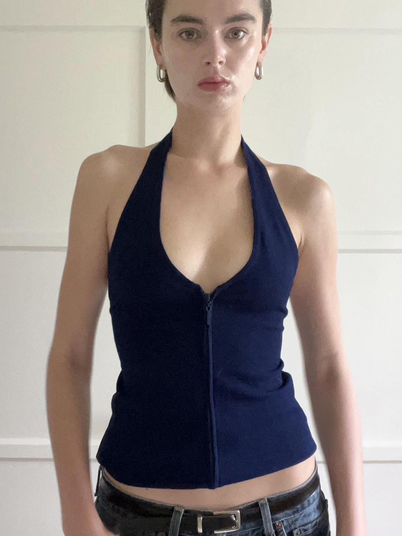 Sexy Low-Cut Zipper Halter Knitted Strap Women's Pure Color Versatile Elegant Slim Top