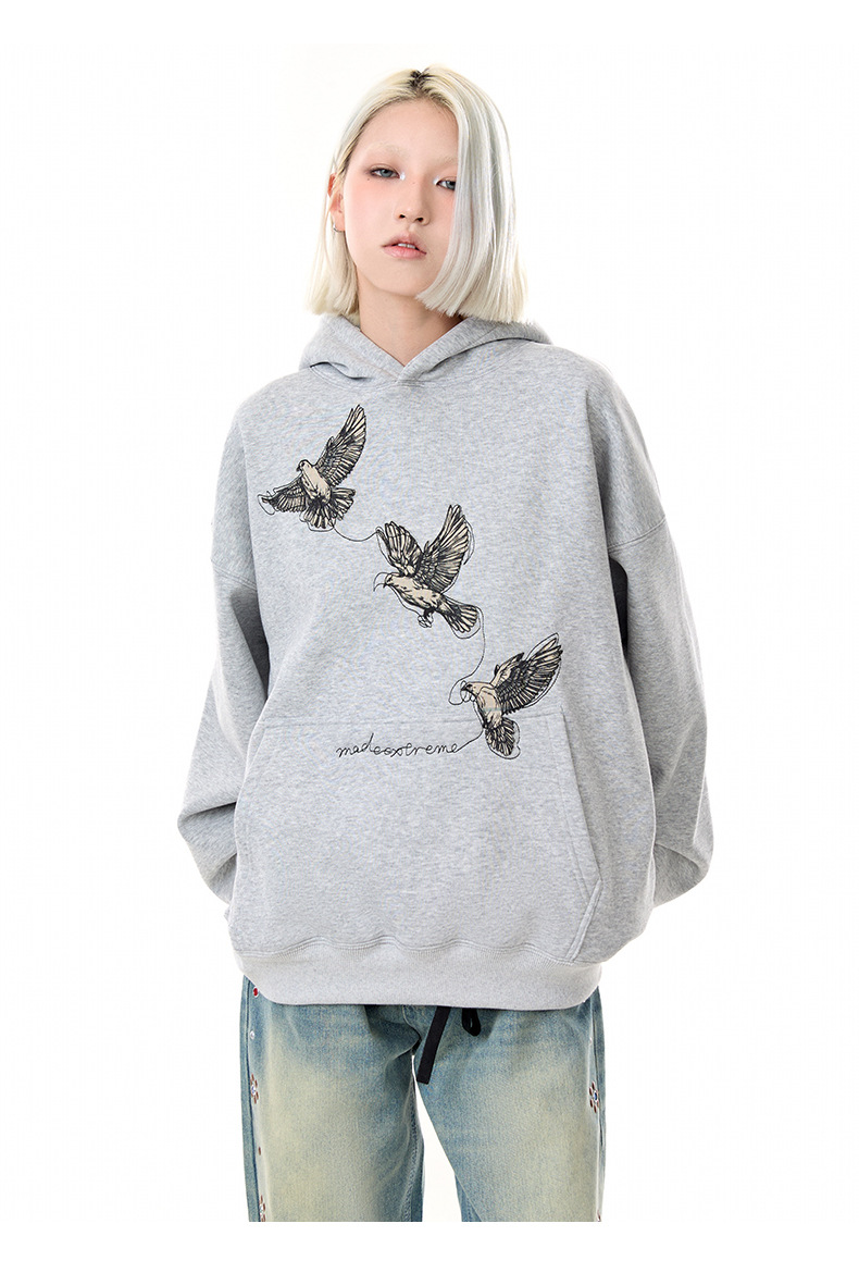 Cotton Blend Loose Fit Bird Graphic Hoodie