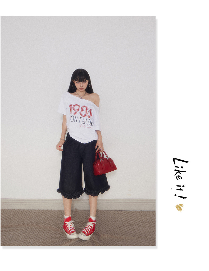 Women's Loose Trousers Straight Denim Pants with Lace Hem Casual Wide Leg Pants
