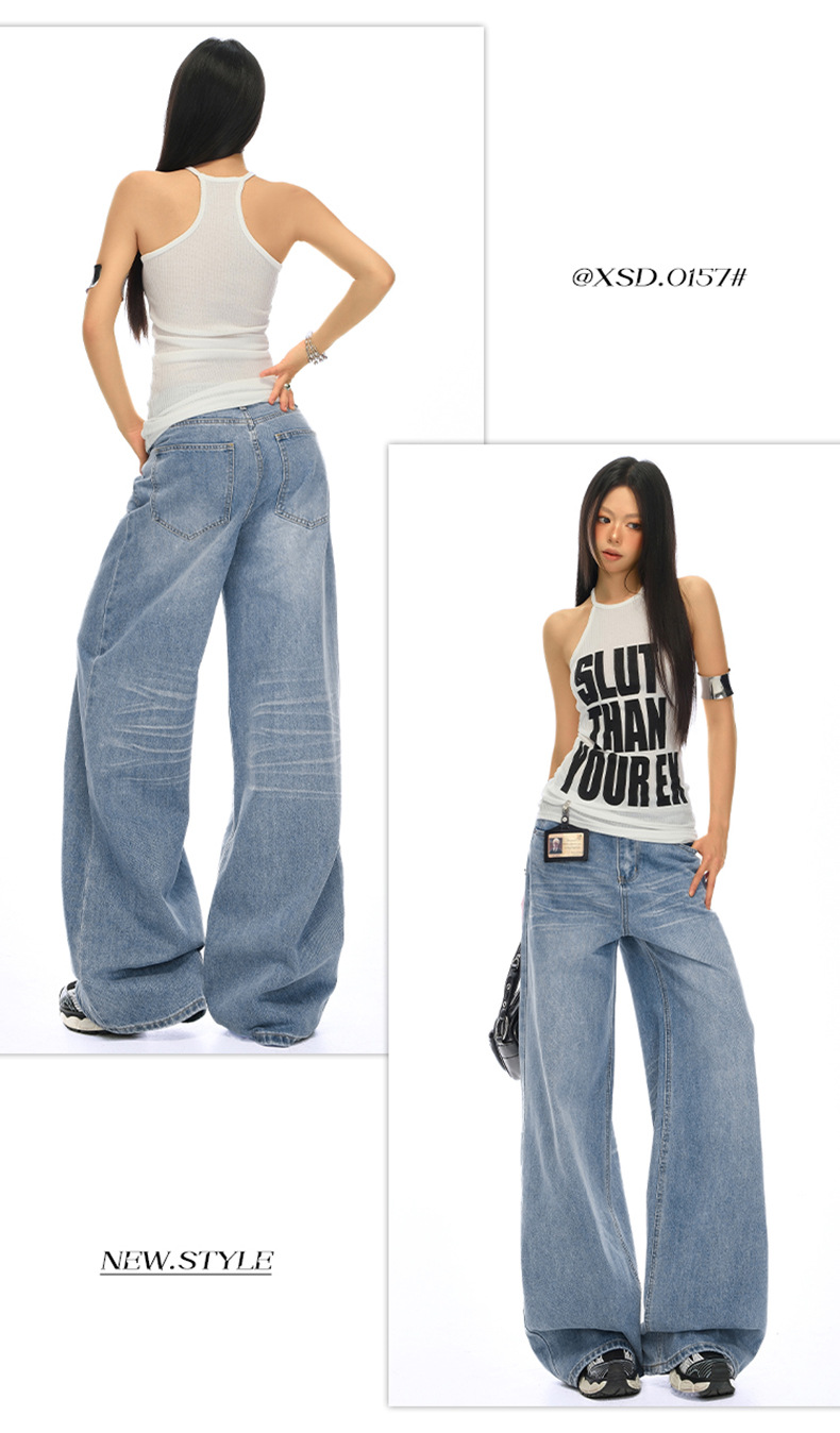Vintage Washed Crease Wide Leg Pants Women High Waist Loose Slimming Drape Denim Pants Summer New Style
