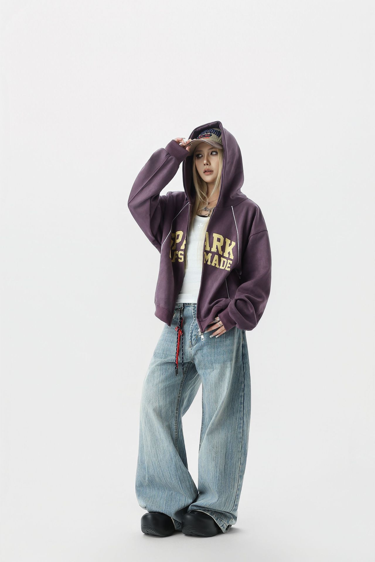 Streetwear Brushed Boxy Retro Geometric Hood Zipper Sweatshirt