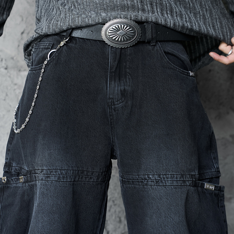 Streetwear Style Hip Hop Trendy Casual Black Knife Pants Ins Autumn Vintage Washed Loose Jeans