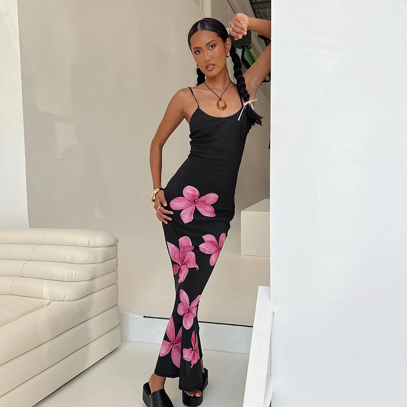 U-Neck Sleeveless Patterned Strap Stretch Skirt
