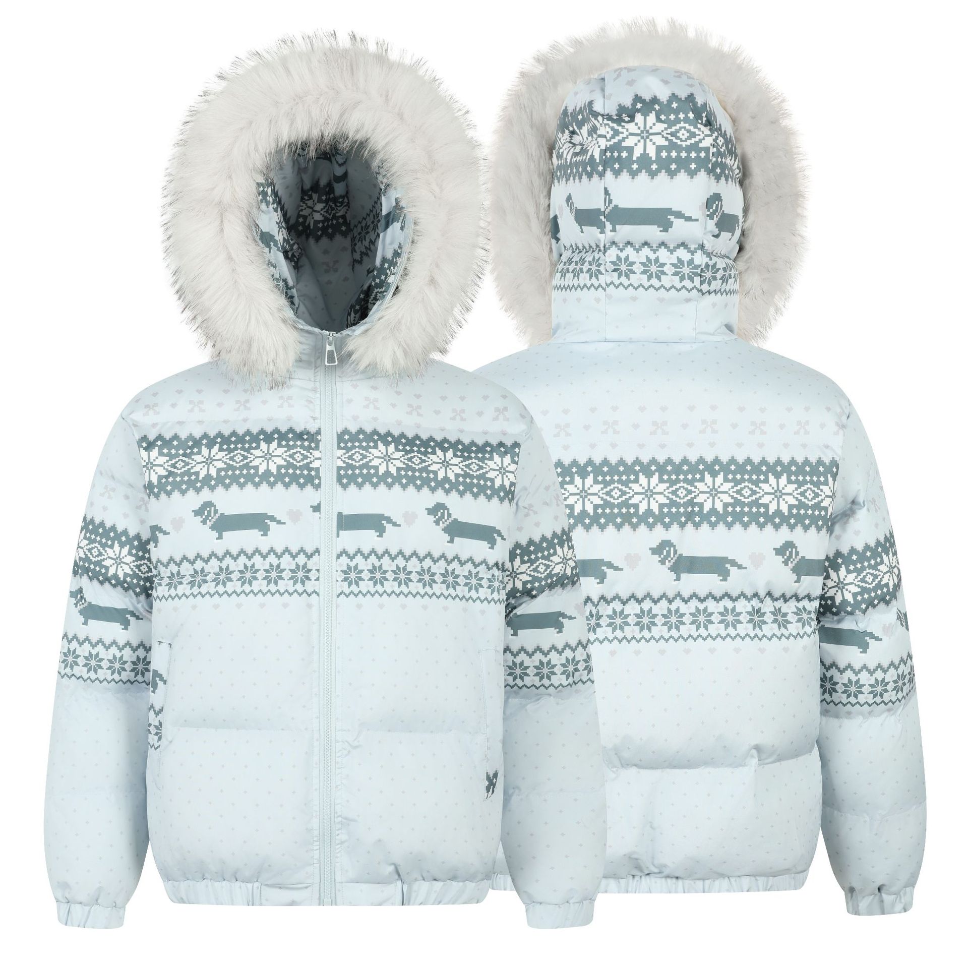 Hooded Fair Isle Detachable Fur Collar Cotton Coat Warm Outerwear