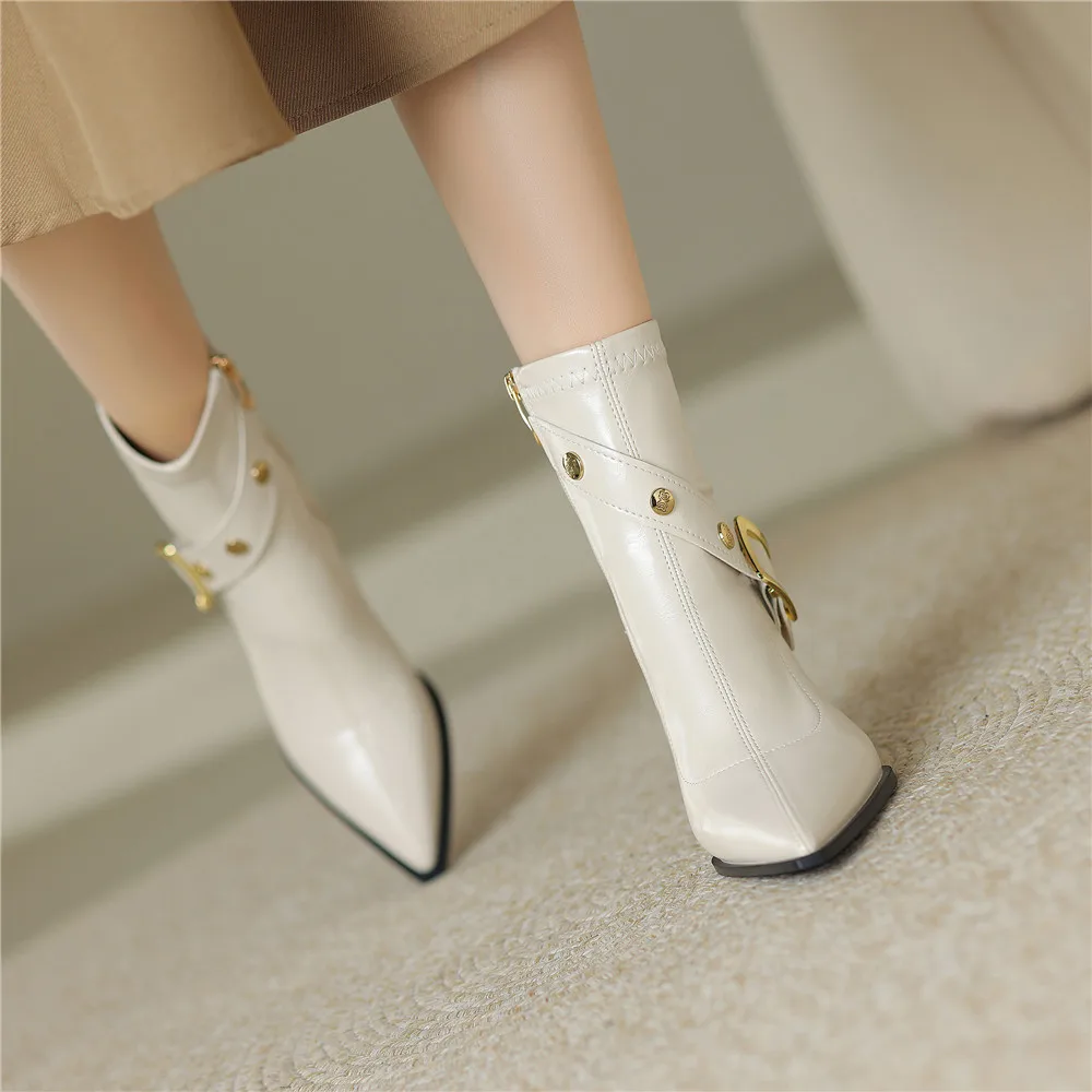 Pointed Toe Women Cow Leather Ankle Boots Thin Heels Zippers Solid Color Metal Rivet Dress Party Shoes