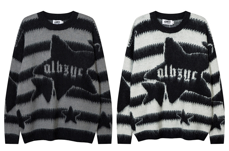Striped Star Mohair Crew Neck Sweater Men's Loose Casual Couple Knit Top