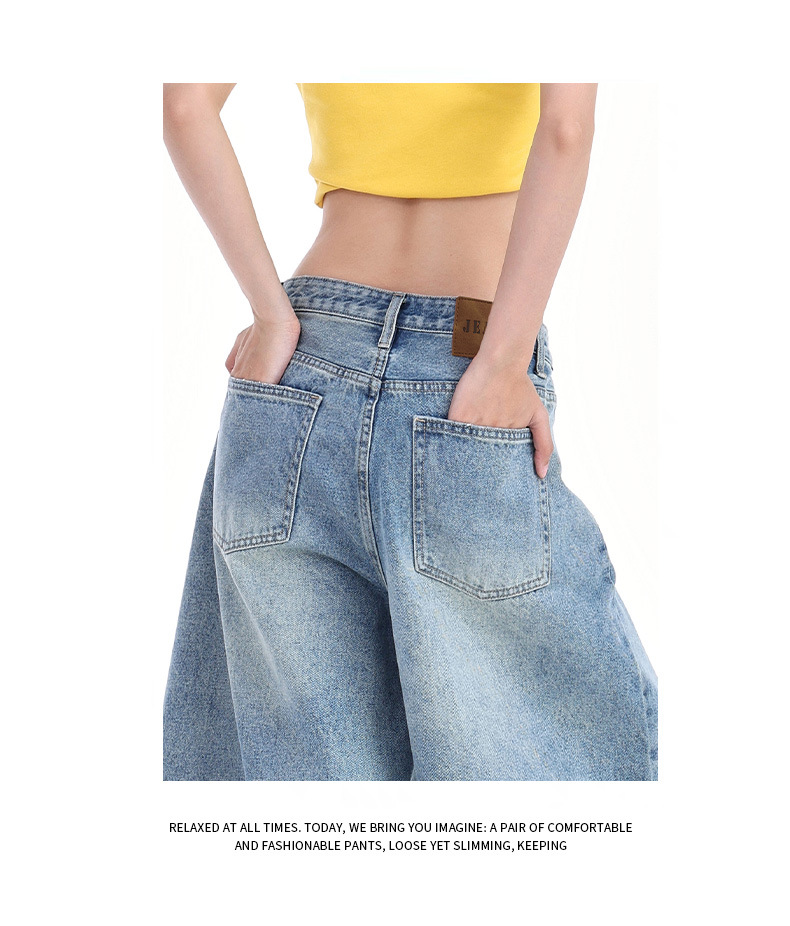 Retro Distressed Seven-Quarter Denim Pants for Women High Waist Slimming Loose Faded Straight Leg Mid-Length Trousers