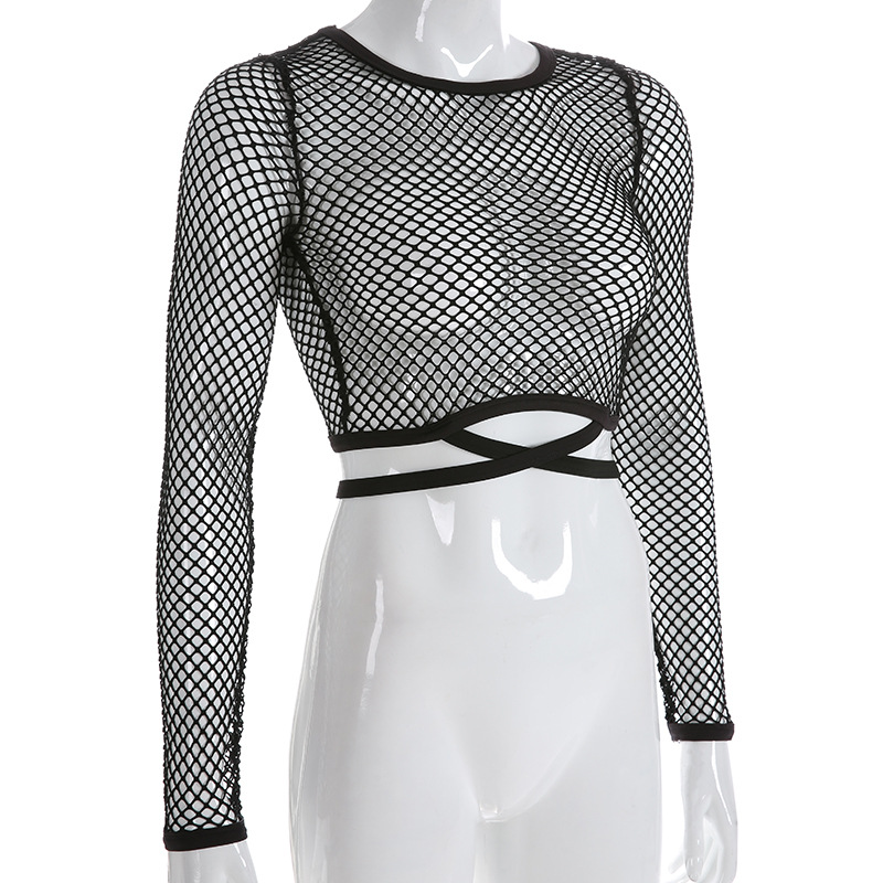 Vacation Style Grid Splicing Cross-Tie Hollow Sunscreen Top Sexy Transparent Short Pants Navel-Exposed T-Shirt Top