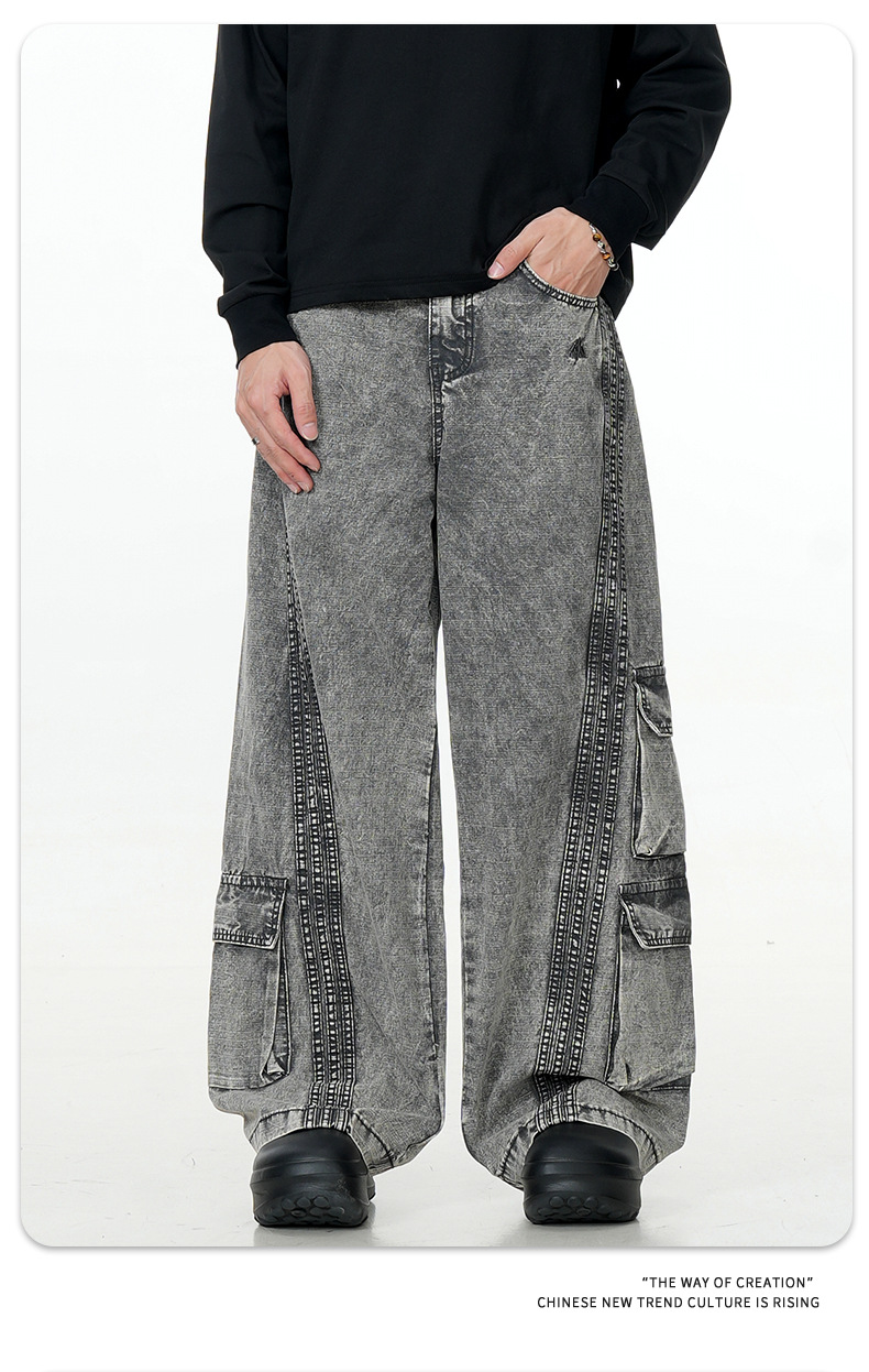 Washed Gray Workwear Jeans with Multiple Pockets for Men and Women
