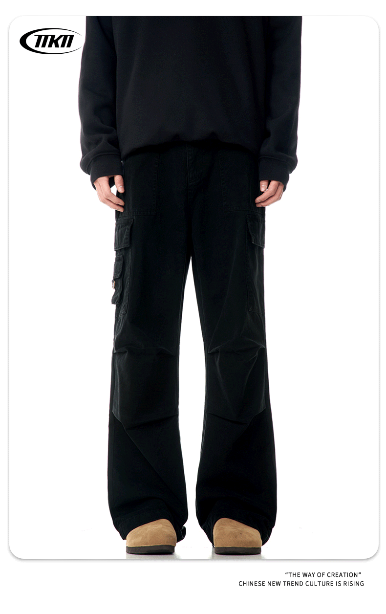 Faded Vintage Pleated Trendy Loose Fit Straight Leg Wide Leg Casual Trousers for Men and Women