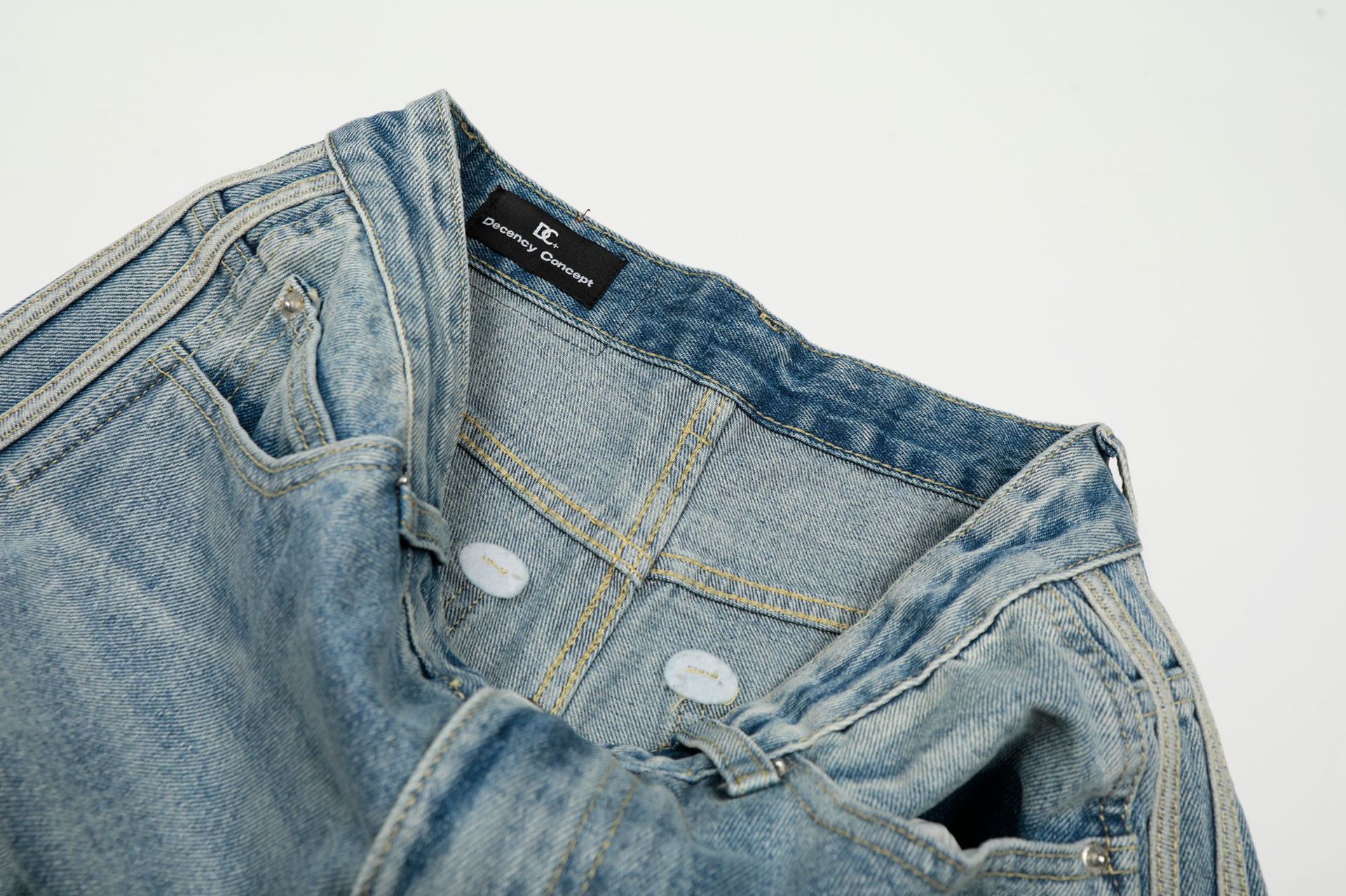 Street Style Vintage Washed Blue Side Stripe Design Unisex Loose Wide-Leg Jeans