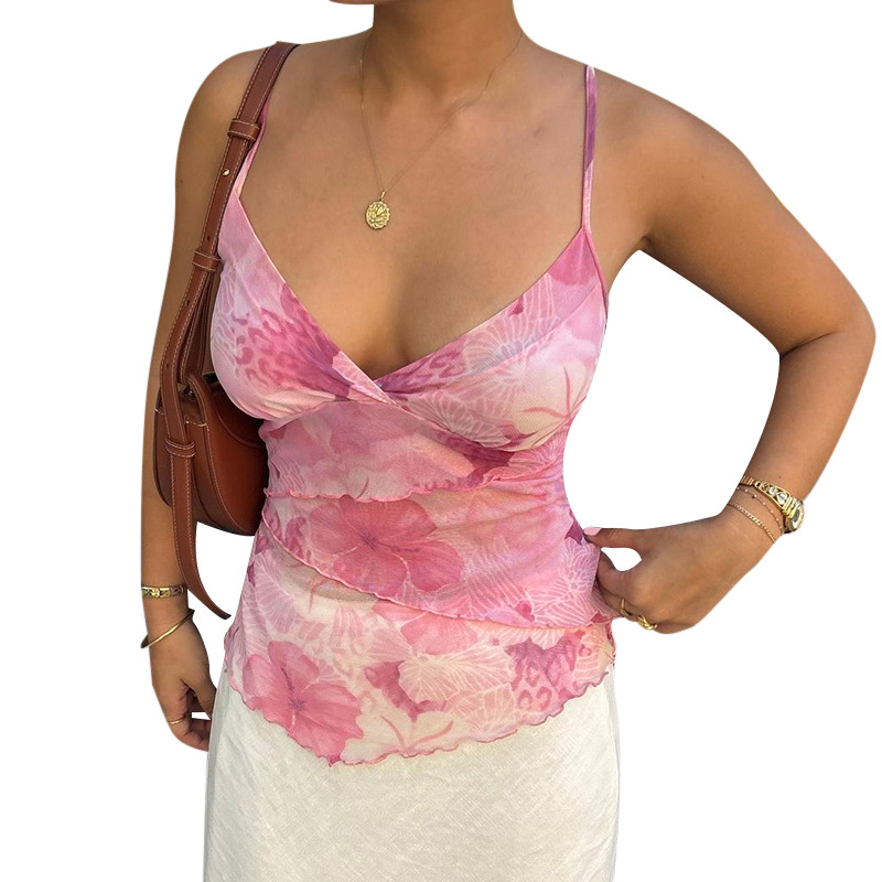 Patterned Chiffon Tank Scalloped Trim Belted Overlay