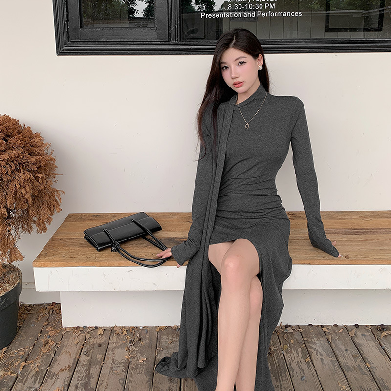 Mock Neck Full Sleeve Slit Fitted Dress