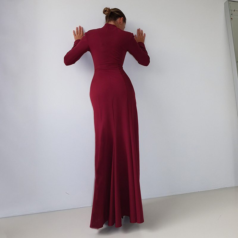 Plunging Neckline Long Sleeve Cinched Torso Vented Dress