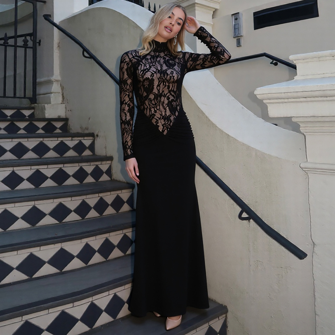 Sheer Cutout Full Sleeve Bodycon Mock Collar Dress