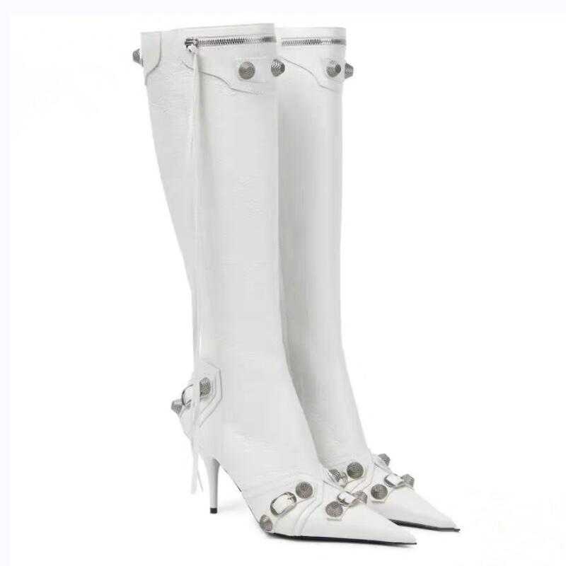 Women's Autumn and Winter Pointed Toe Metal Buckle Zipper Knee Boots Stiletto Rivet High Heels Luxury Shoes