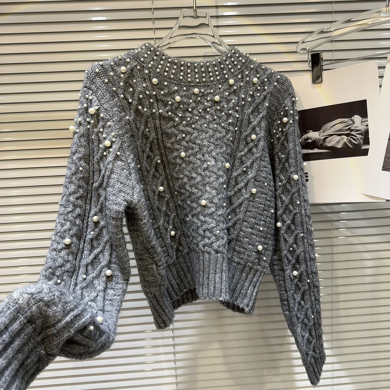 Ladies Beaded Mesh Crew Sweater