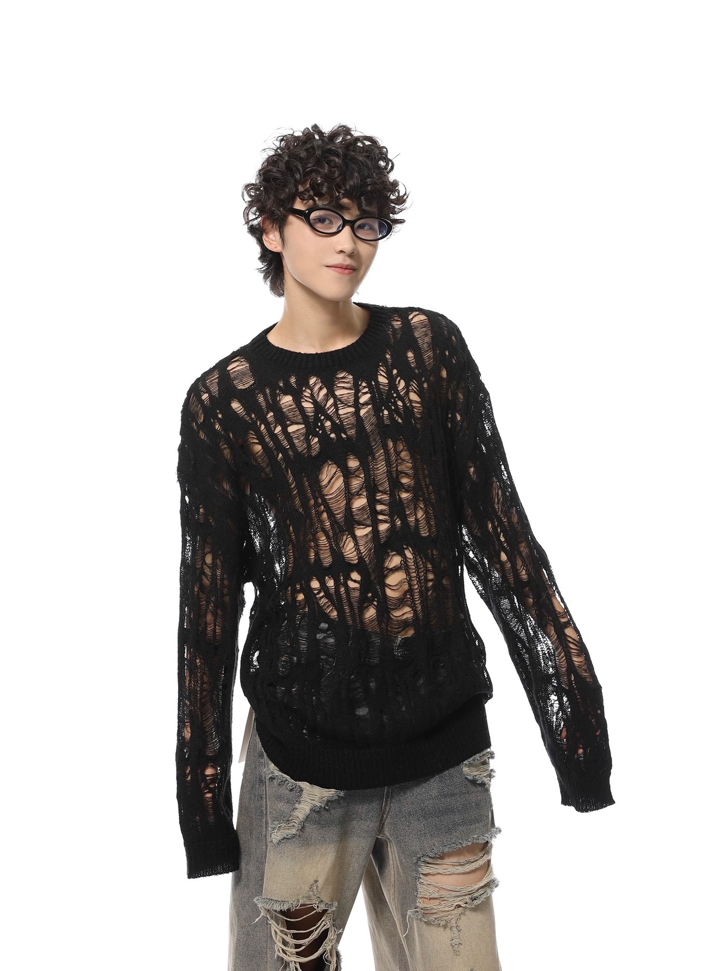 Polyester Open Mesh Crew Neck Sweater