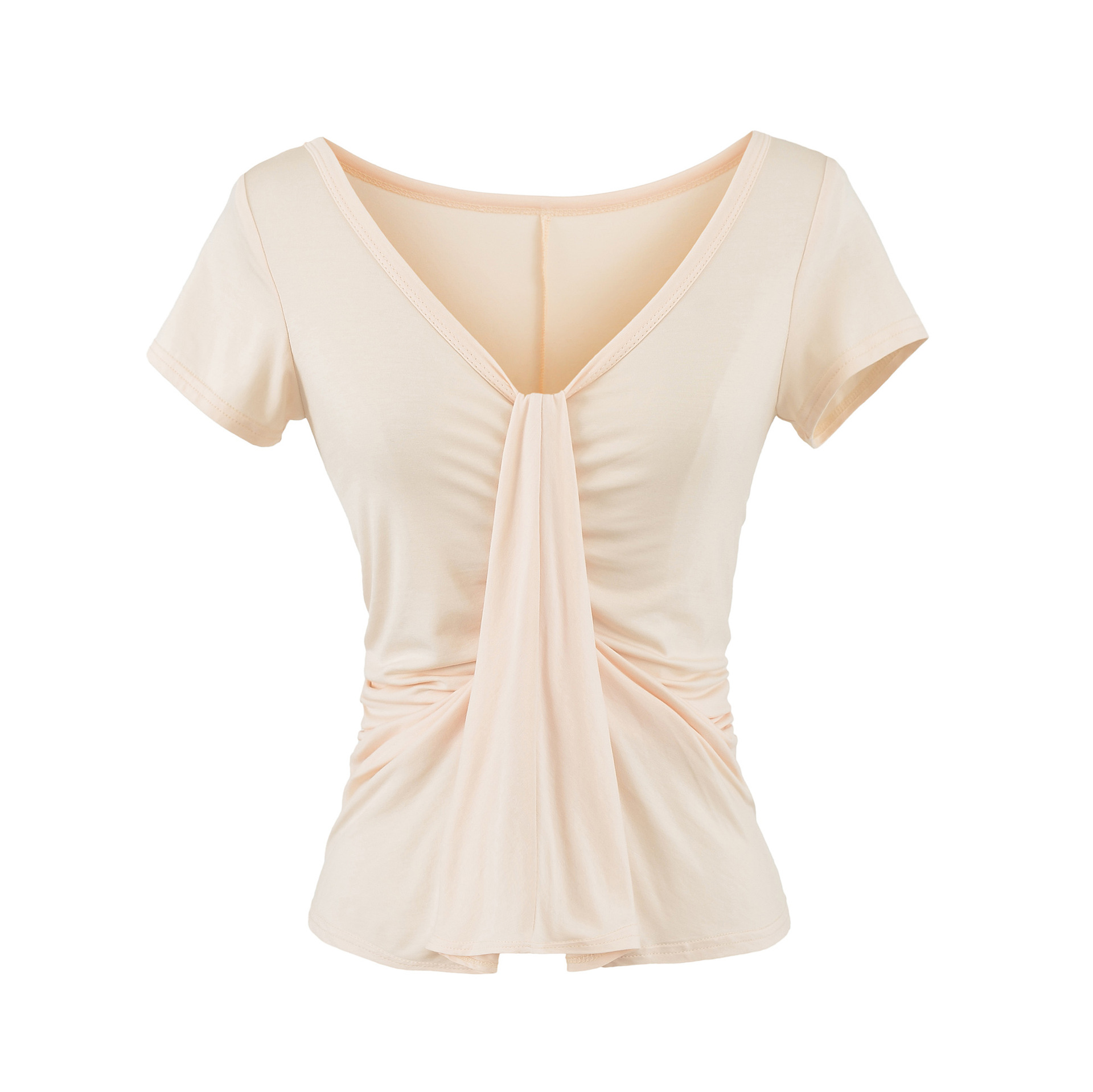 V-neck ribbon pleated slim fit short sleeved T-shirt
