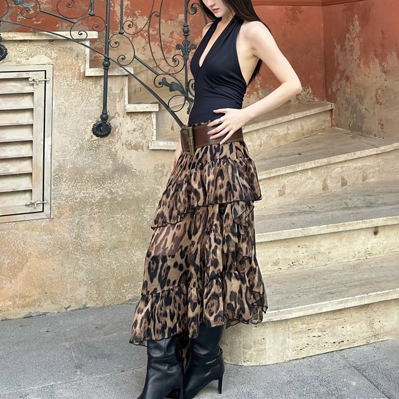 Leopard high waisted loose skirt for women