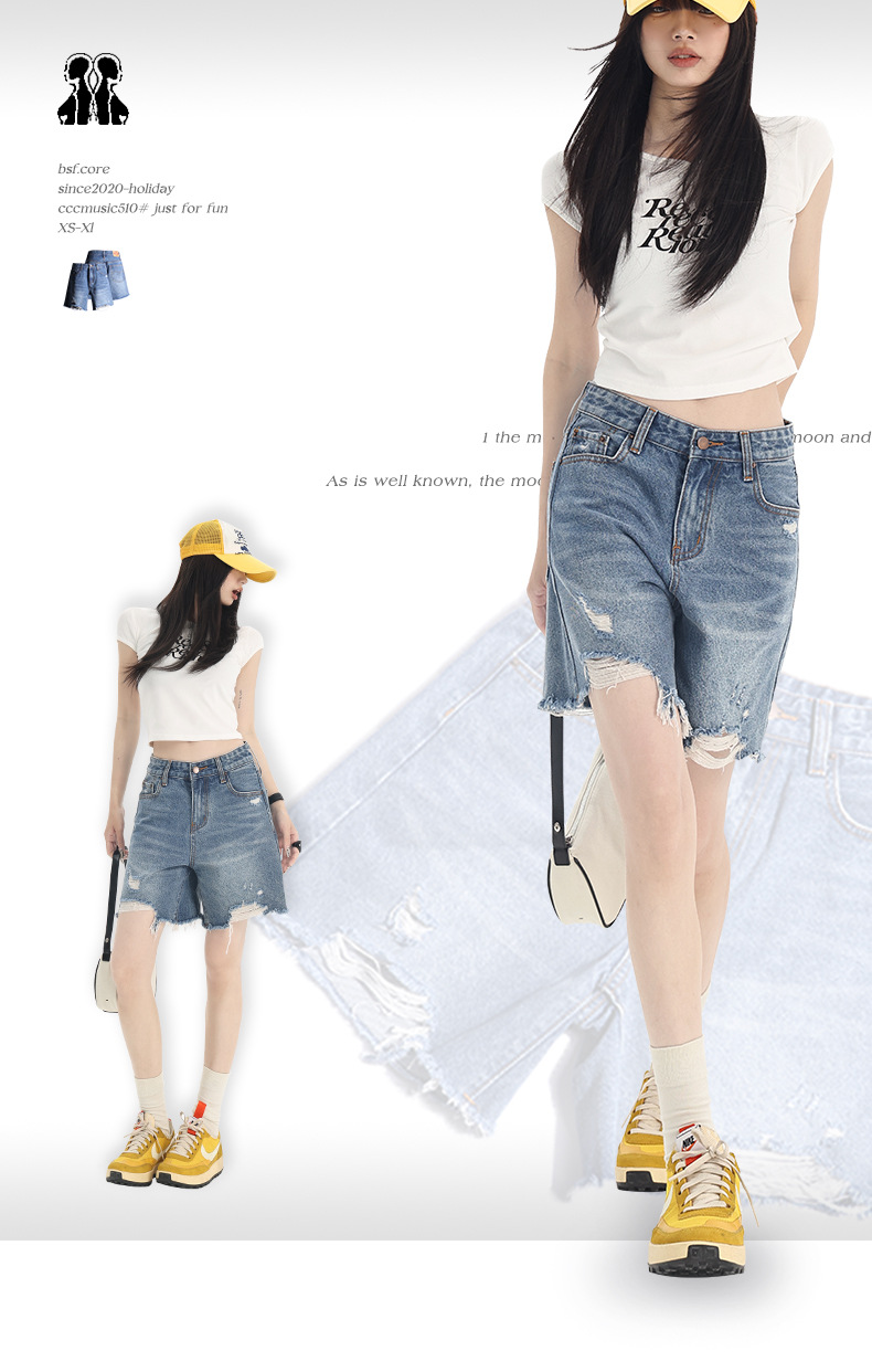 Blue Five-Quarter Denim Shorts Women Style Low Waist Ripped Straight Leg Slim Wide Leg Mid-Length Pants