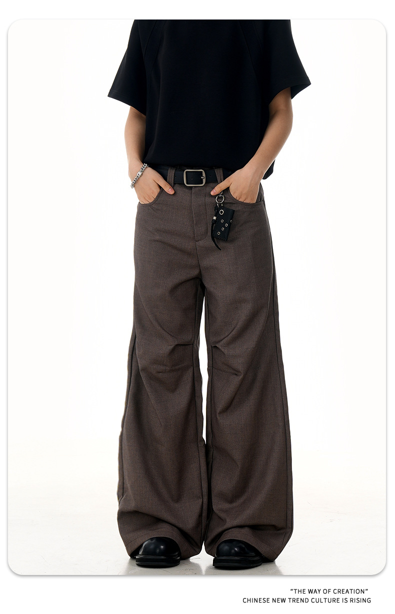 Flared Brown Trousers with Pleated Retro Design Loose Fit Casual Slim Long Pants
