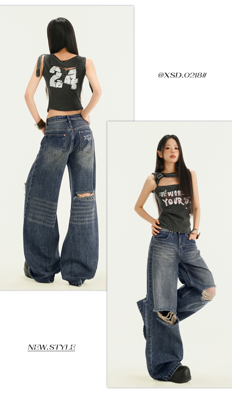 Women's Pocket Print High Waist Wide Leg Pants Summer Loose Slimming Distressed Denim Trousers