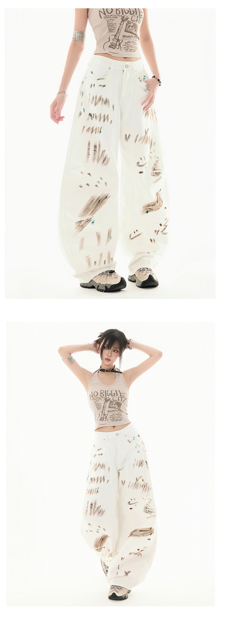 Graffiti White Jeans High-Waisted Unique Design Loose Wide-Leg Knife-Edge Pants