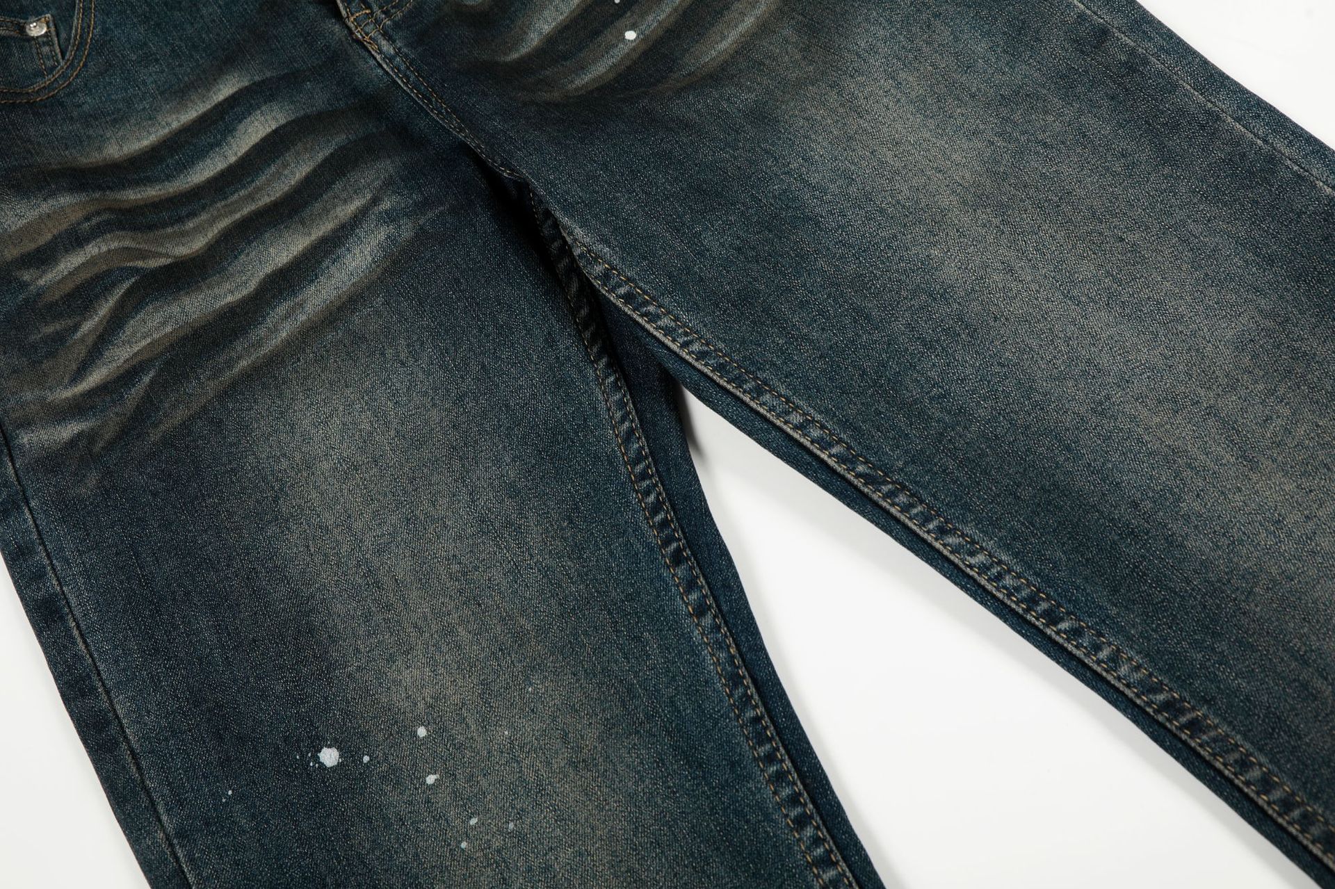 Street Style Unisex High-End Vintage Catwhisker Wash Splatter Design Slim Fit Flared Casual Denim Pants