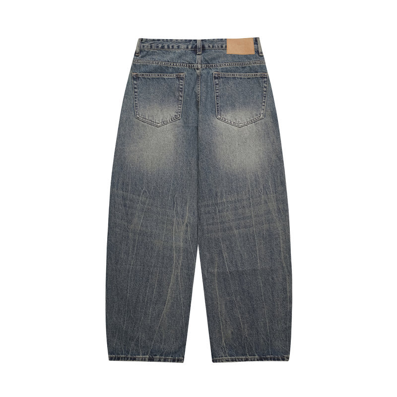 Washed Distressed Cat Whisker Pattern Loose Wide-Legged Knife-Edge Jeans